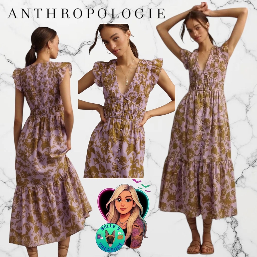 Anthropologie‎ Women's 1X Peregrine Midi Dress Purple Floral Full Button Down XL
